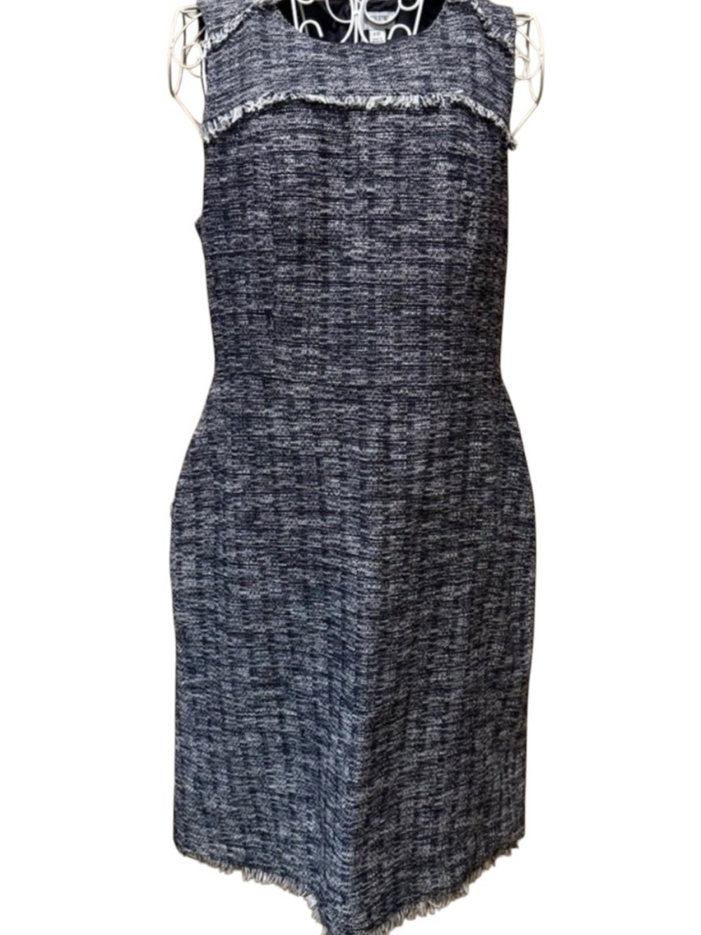 J.Crew Factory Tweed Sheath Dress Navy White Metallic Fringe Sleeveless Size 10